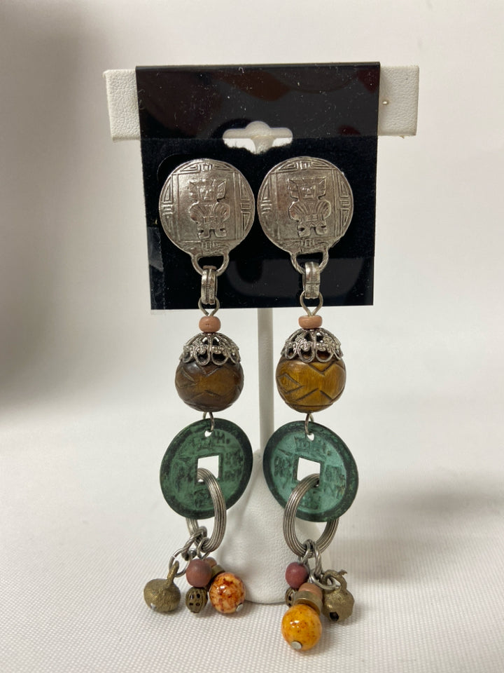 Silver Color Green/Brown Coin Earrings