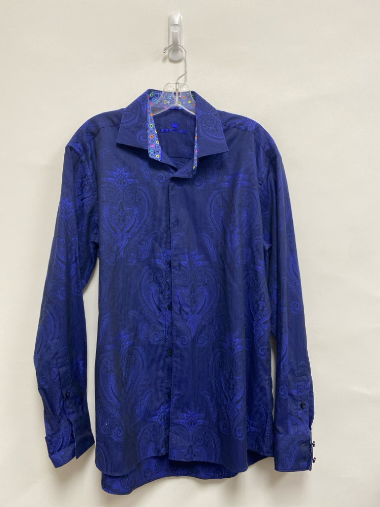 Bertigo Size L Navy/Blue Iridescent Button Down Damask Men&
