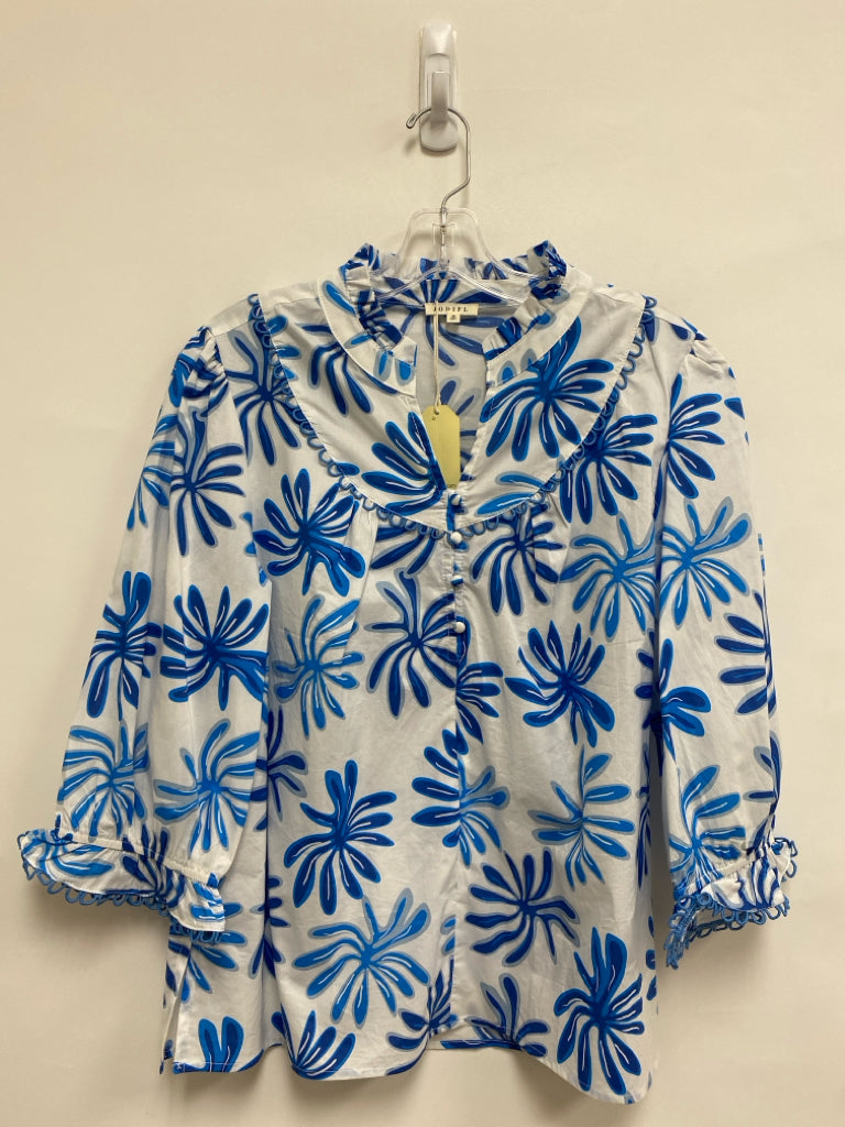 NWT Jodifl Size M White/Blue Gray Abstract Ladies Top