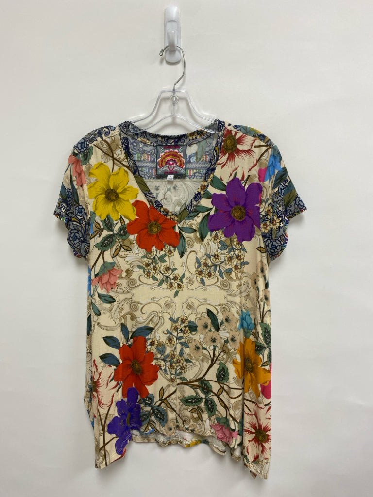 JOHNNY WAS Size S Beige Navy/Multi Floral V Neck Ladies Top