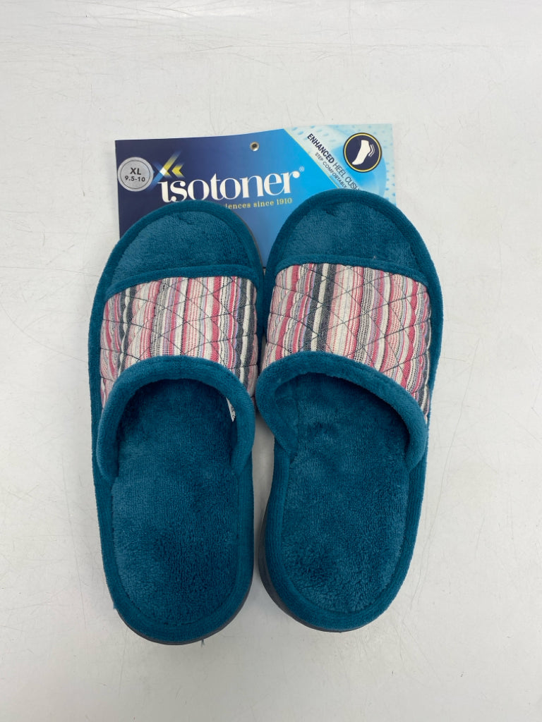 NWT Isotoner US Shoe Size XL Teal Green Pink/Gray Stripe(s) Slippers