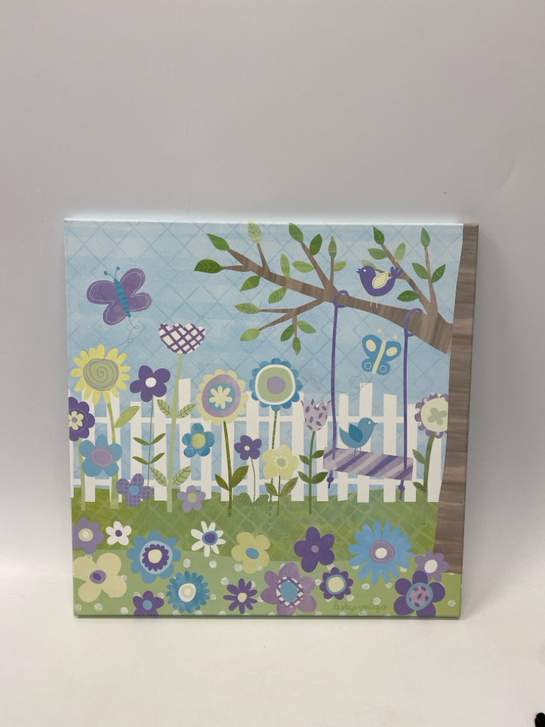 Blue Pink/Green Butterflies Flowers Kids Canvas Art