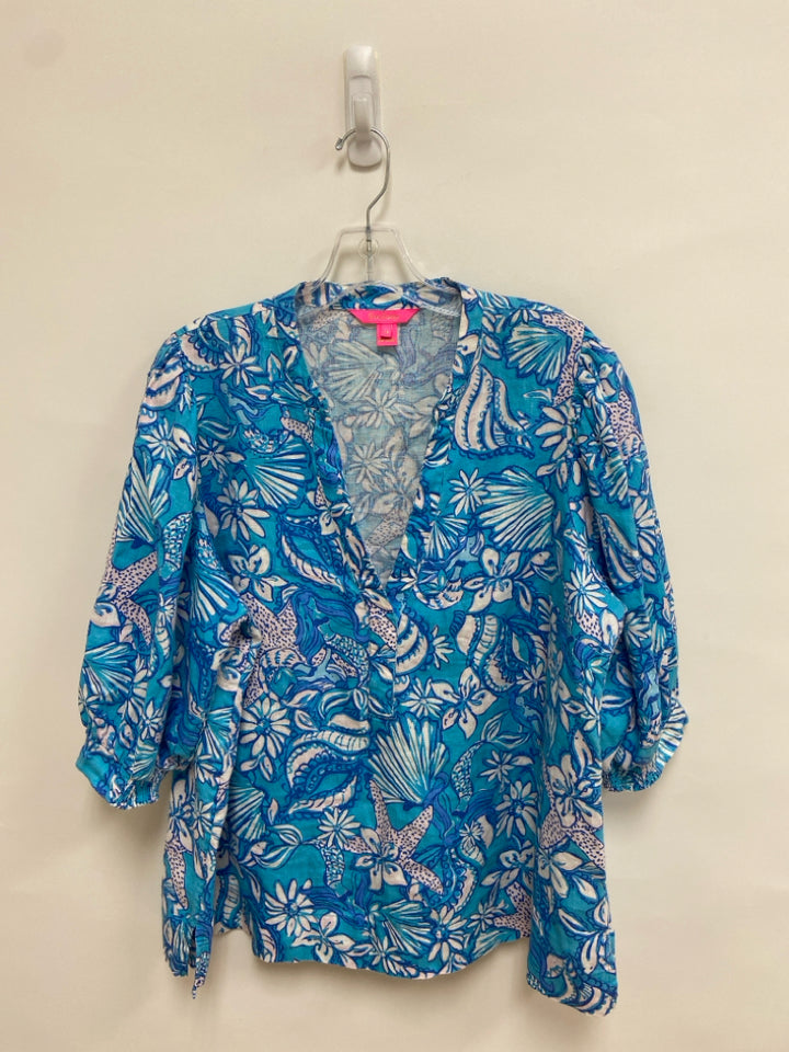 LILLY PULITZER Size 14 Turquoise White/Blue Shells 3/4 Sleeve Lined Ladies Top