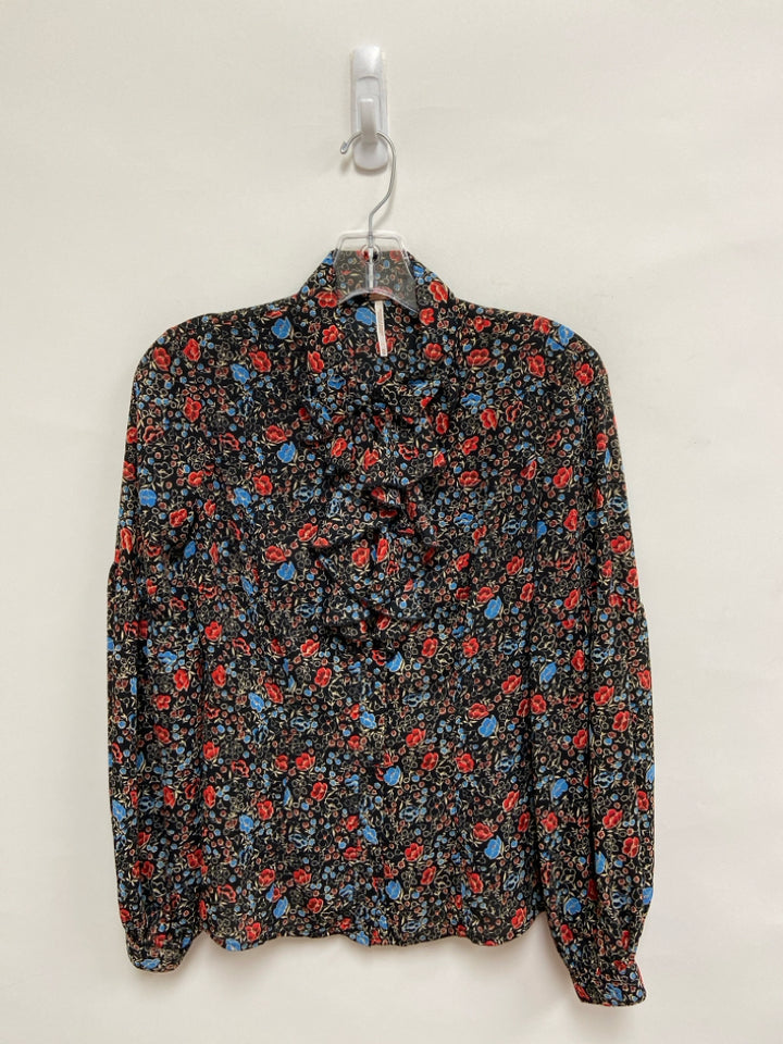 Free People Size XS Black Red/Blue Flowers Ladies Top