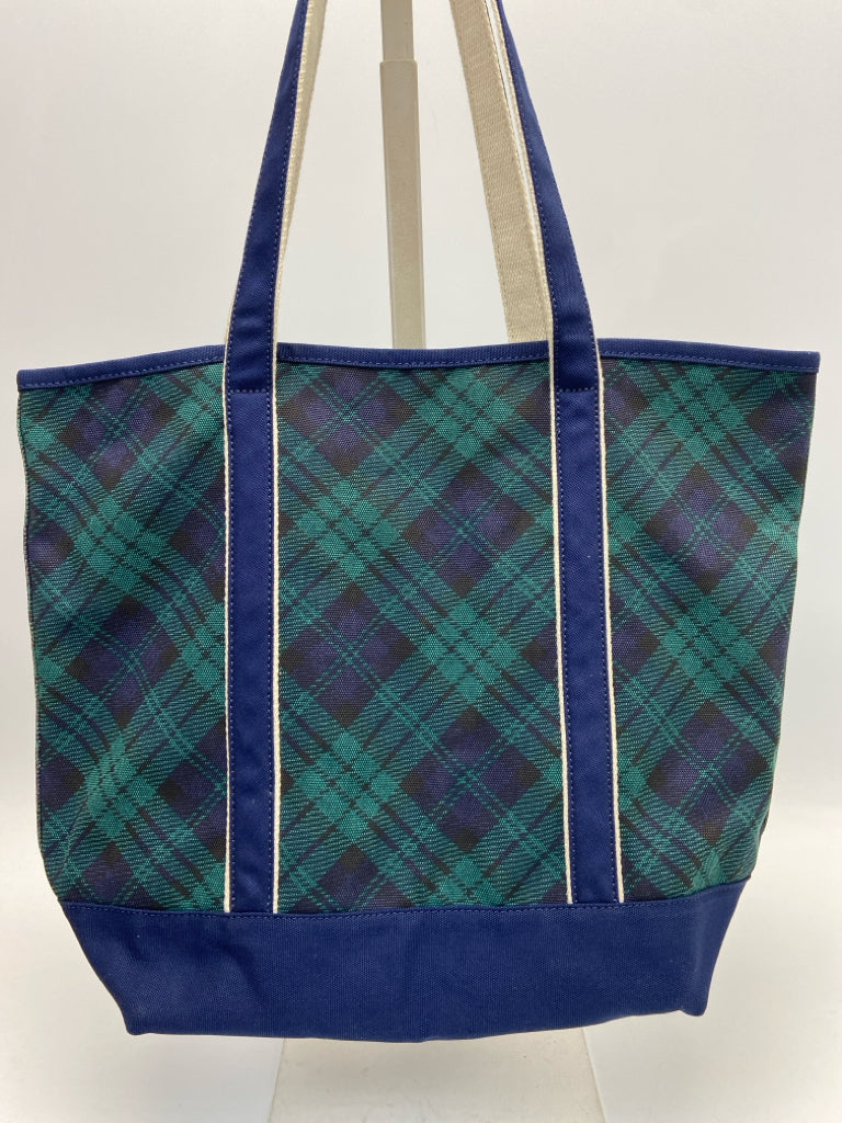 Lands End Green Navy Plaid Canvas Tote Bag