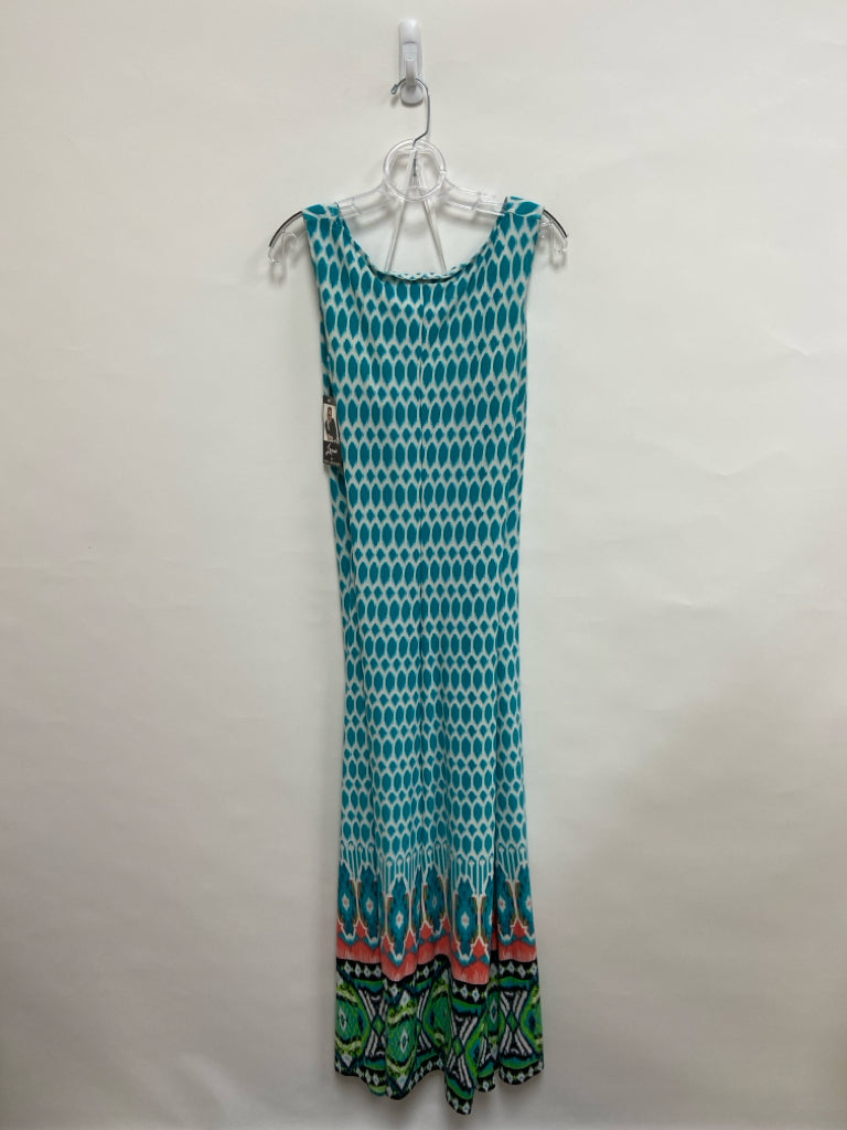 NWT Nina Leonard  SIZE  1X Aqua/White Animal Print Maxi Plus Size Dress
