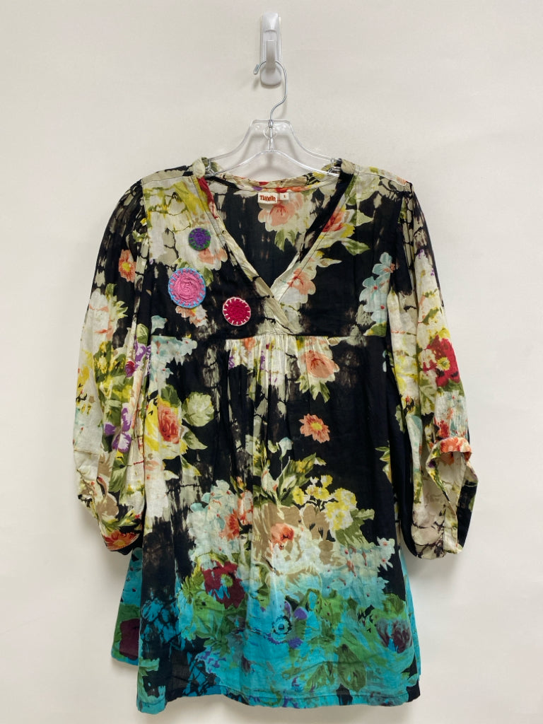 Tianello Size L Black/Cream Coral/Multi Flowers Puff Sleeve Ladies Top