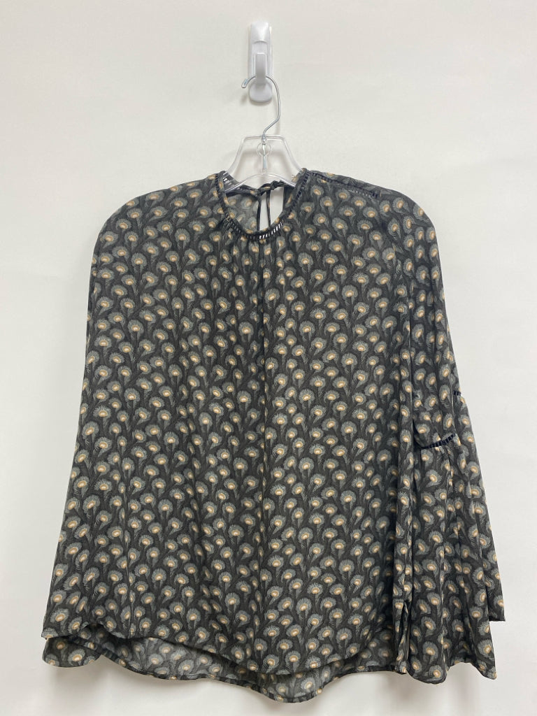 LOFT Size M Charcoal Tan/Gray Print Bell Sleeves Ladies Top