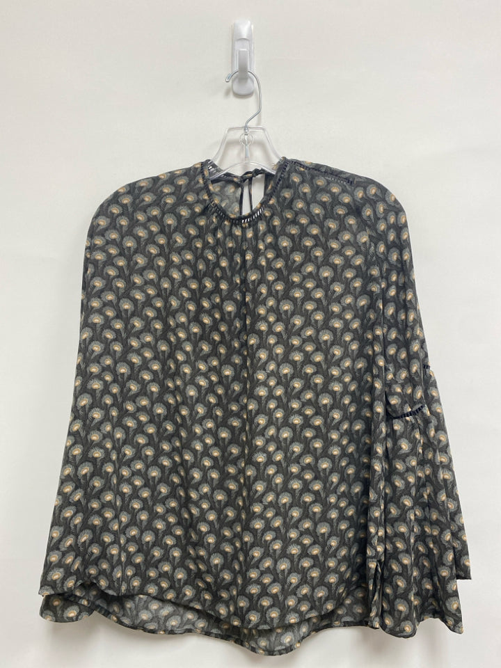 LOFT Size M Charcoal Tan/Gray Print Bell Sleeves Ladies Top