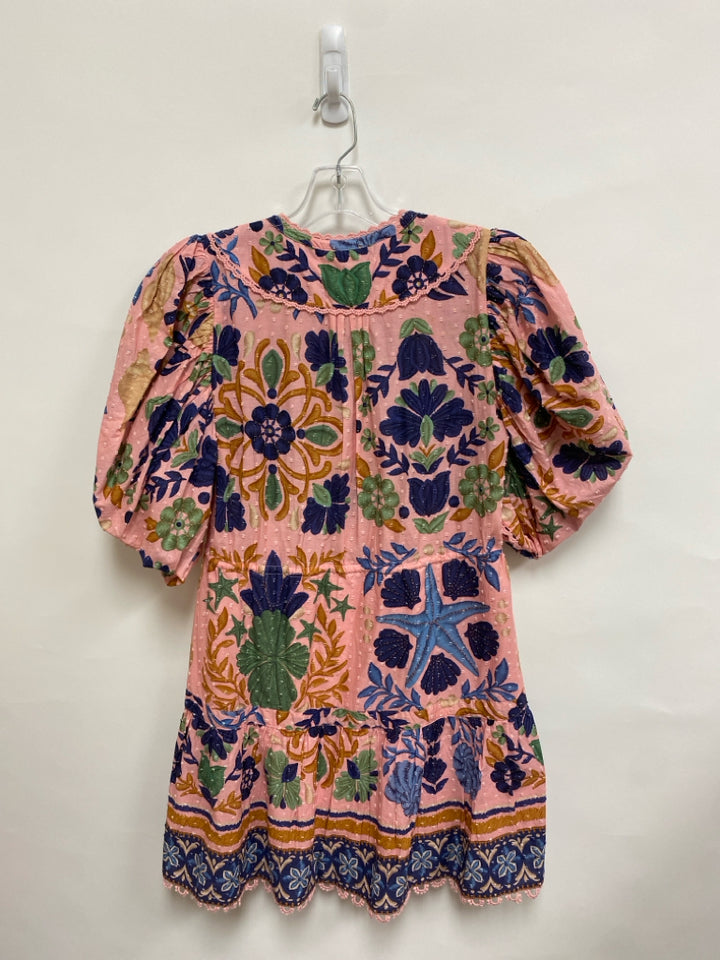 farmrio Size S Pink/Green Navy/Tan Assorted Print Puff Sleeve Ladies Dress