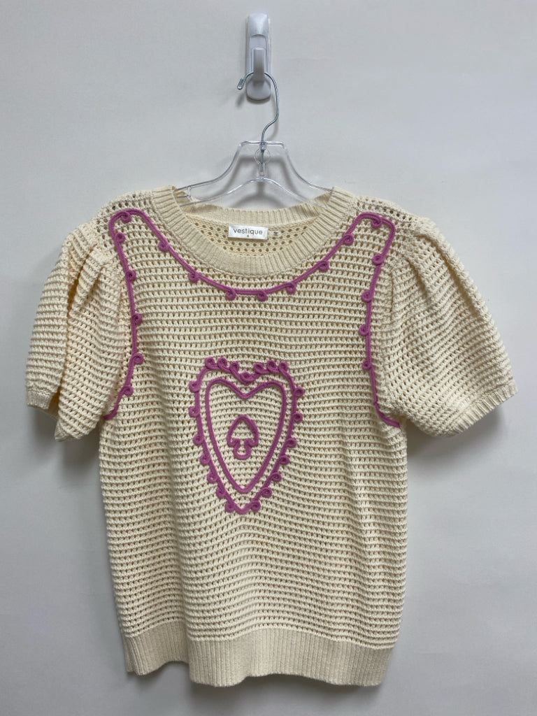 vestique Size S Ivory Lilac Piping Short Sleeve Ladies Sweater