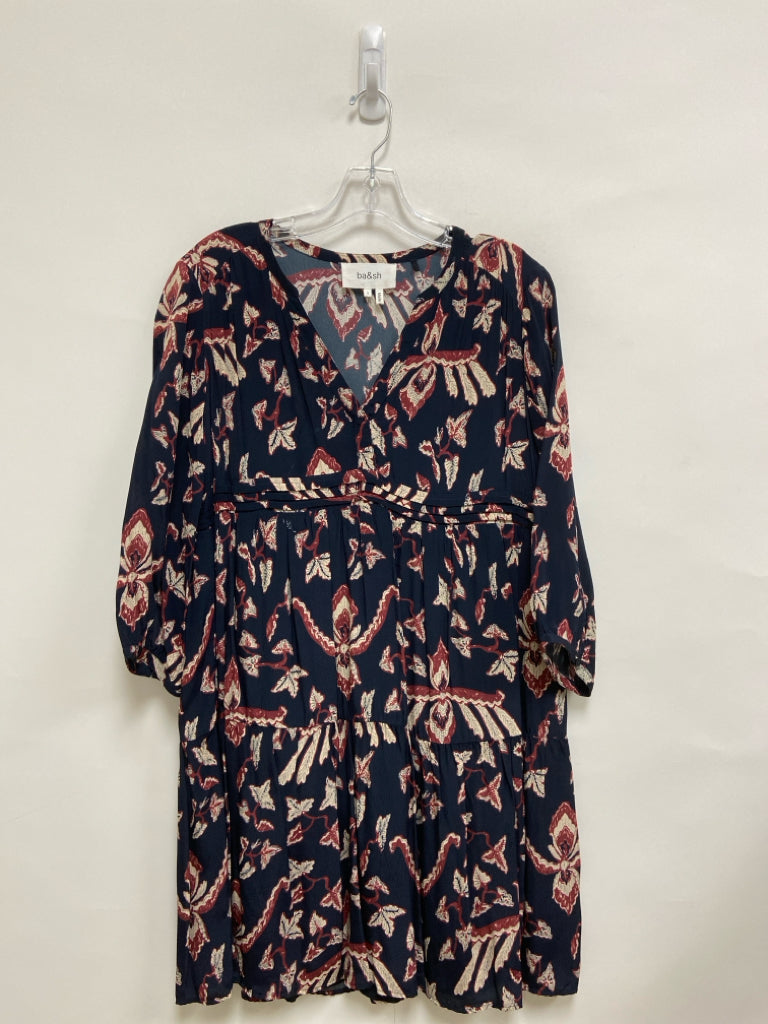 ba&amp;sh Size S Navy Burgundy/Cream Leaves 3/4 Sleeve Ladies Dress