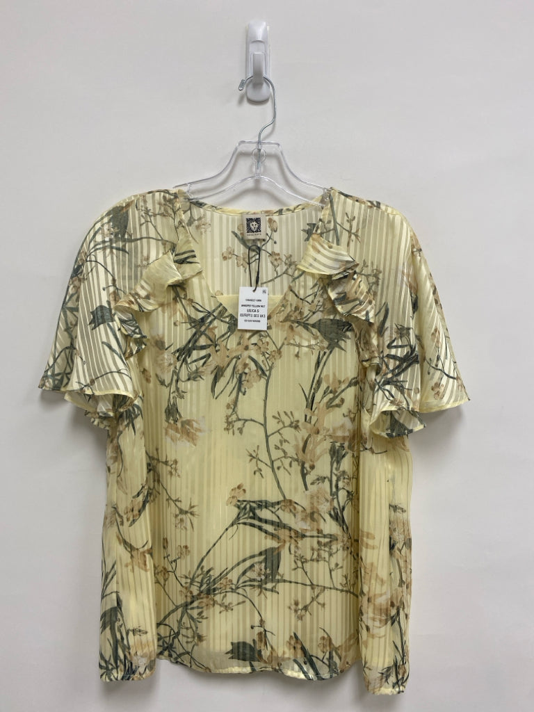 NWT Anne Klein Size S Pale Yellow Olive/Brown Floral Short Sleeve Ladies Top