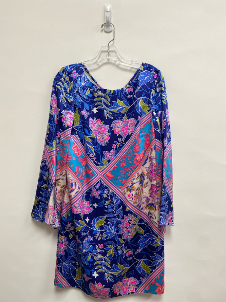 Size S Royal Blue/Green Fuchsia/Multi Acanthus Bell Sleeves Silk Ladies Dress