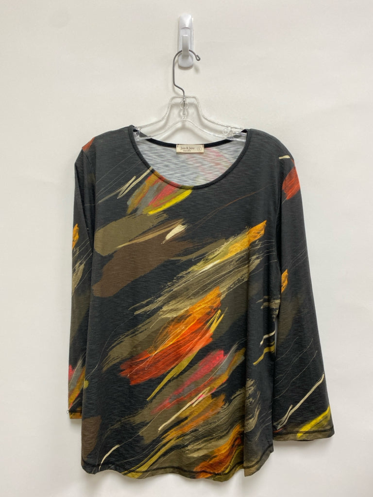 Jess &amp; Jane Size L Charcoal Orange/Multi Abstract Long Sleeve Tee Ladies Top