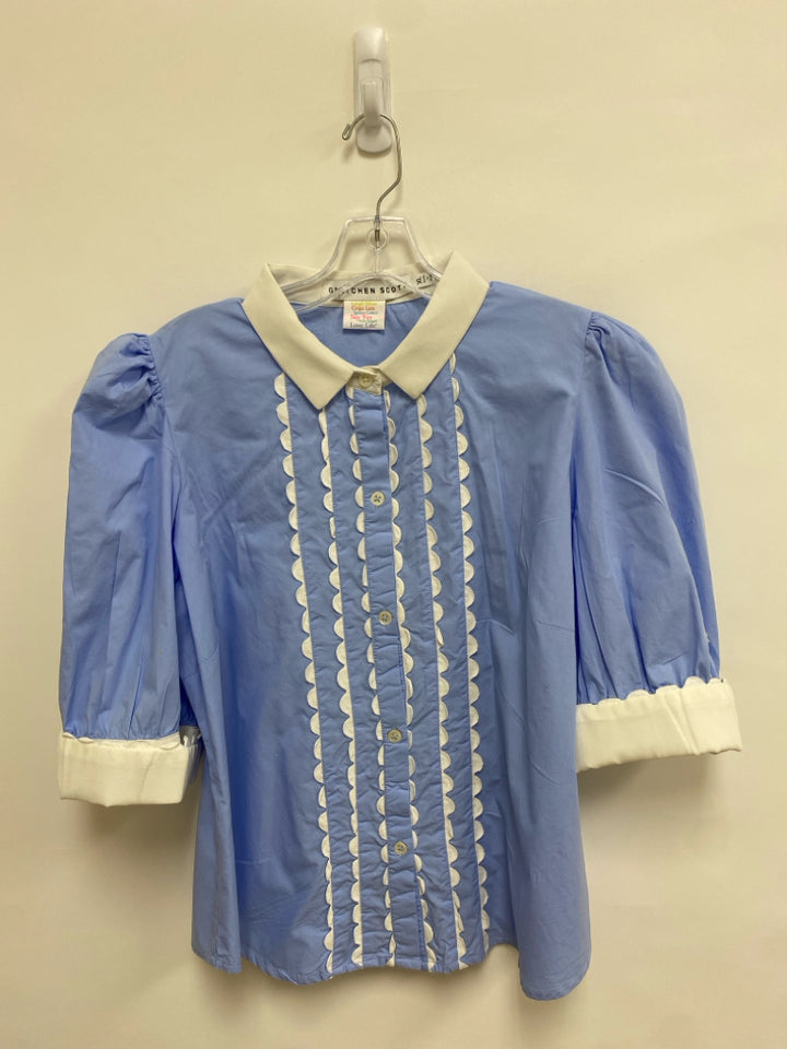 Gretchen Scott Size XL Powder Blue White Trimmed Button Up Ladies Top