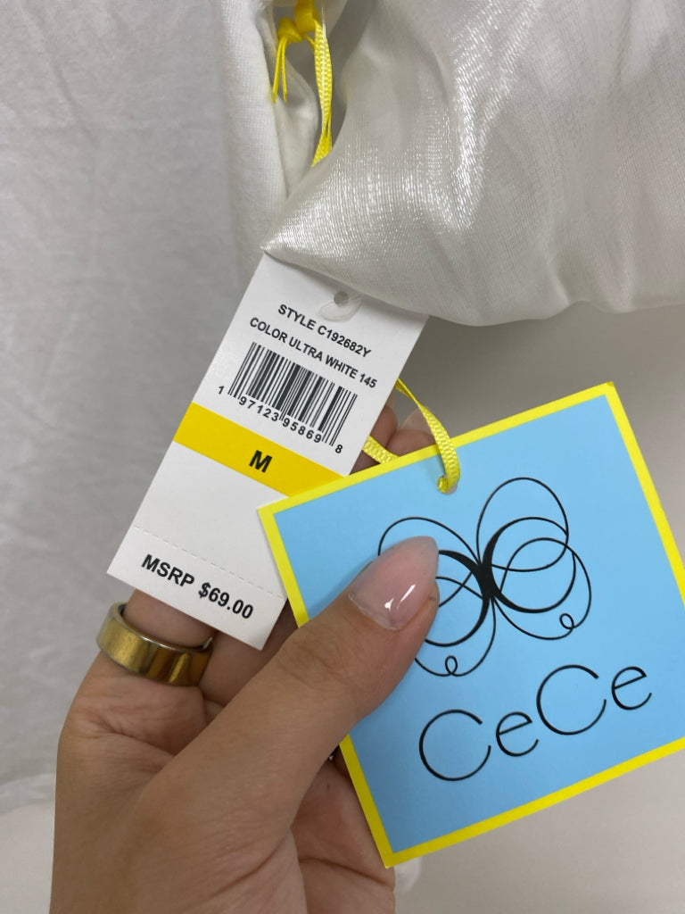NWT CeCe Size M White Silver Accents Puff Sleeve Ladies Top