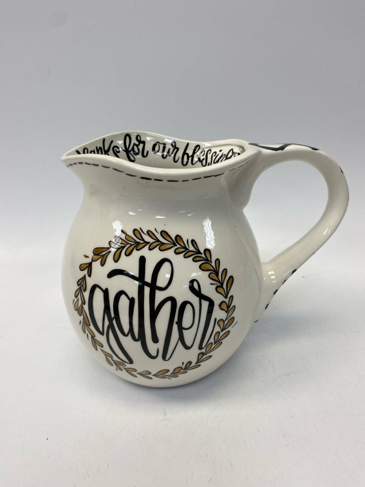 White Brown/Black Words Ceramic Pitcher