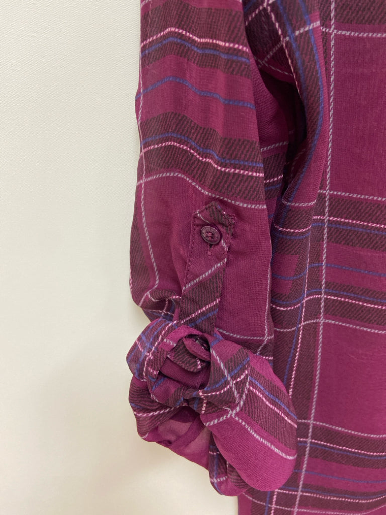Guess Size M Purple Black/White Plaid Button Up Sheer Ladies Top