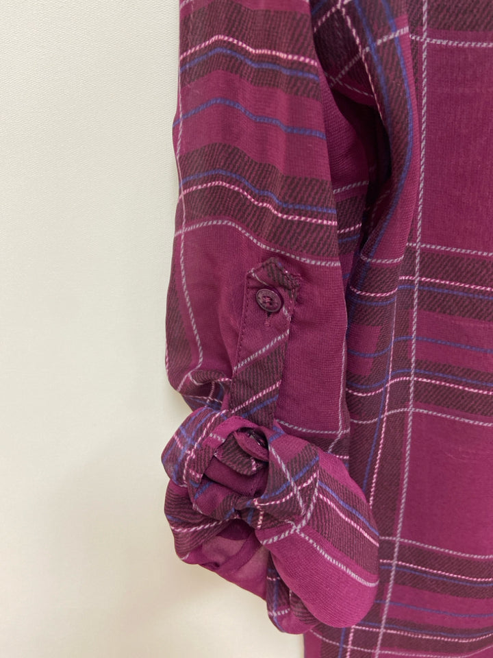 Guess Size M Purple Black/White Plaid Button Up Sheer Ladies Top