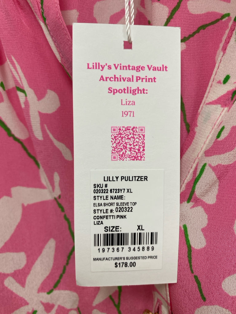 NWT LILLY PULITZER Size XL Pink White/Green Flowers Silk Ladies Top