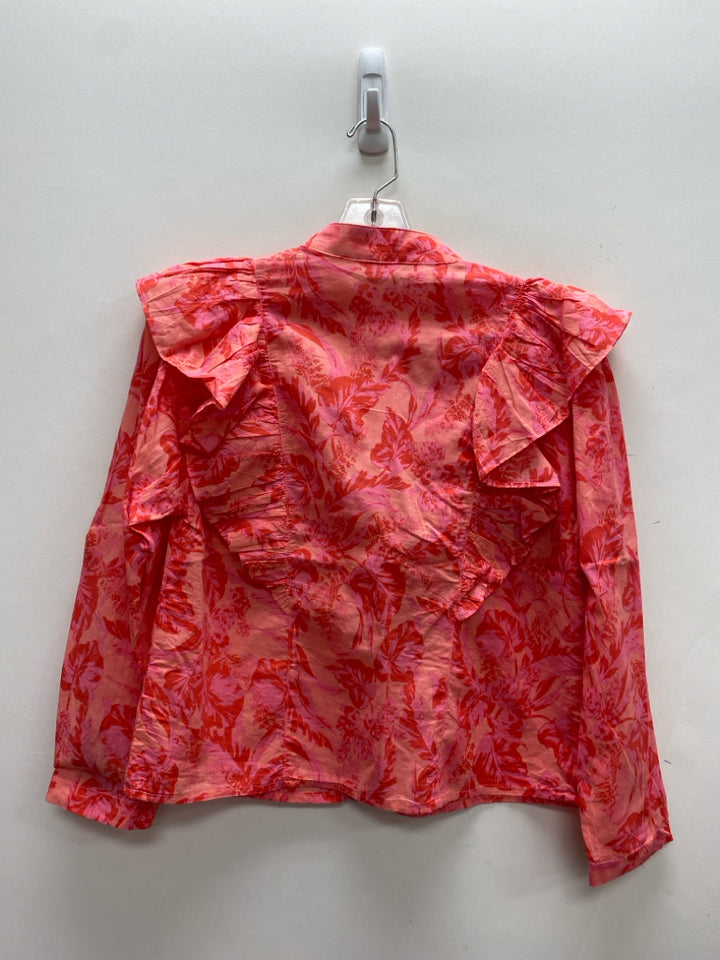 OLIVACEOUS Size S Red/Pink Coral Ruffles Button Up Ladies Top