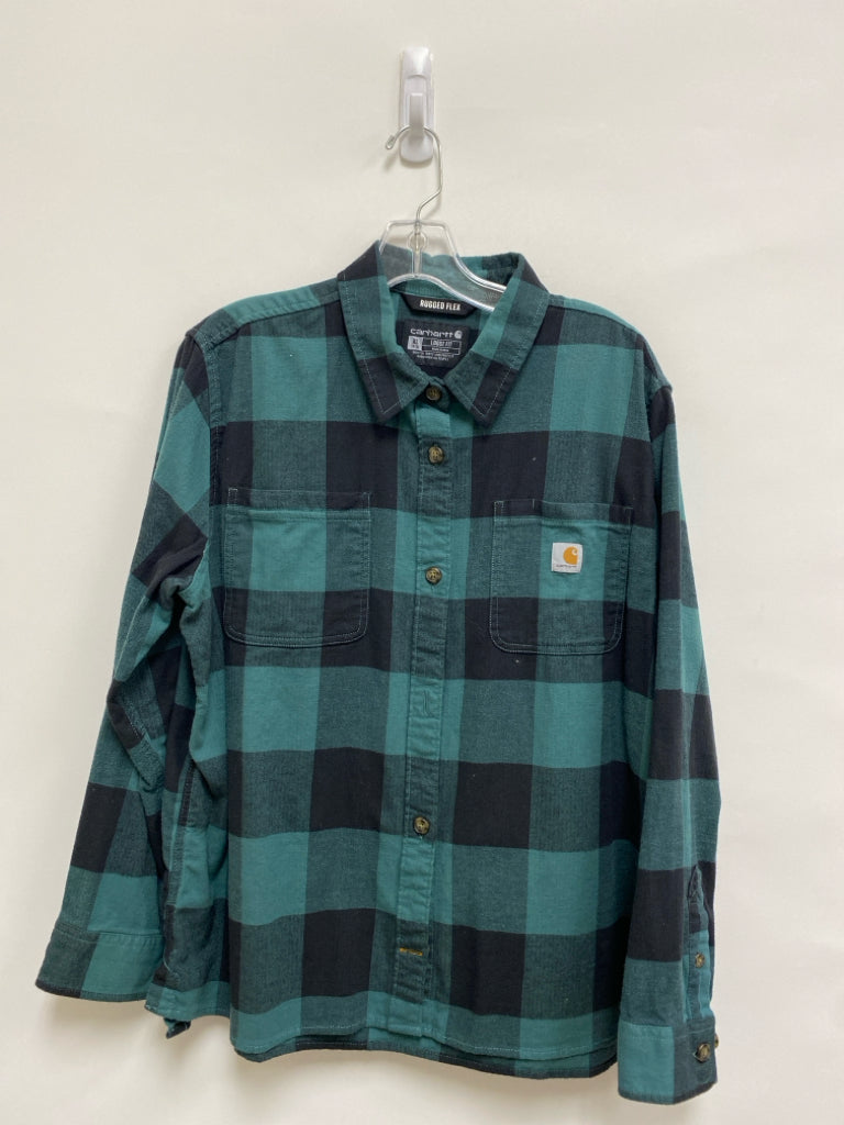 Carhartt Size XL Dark Aqua Black Buffalo Check Long Sleeve Ladies Top