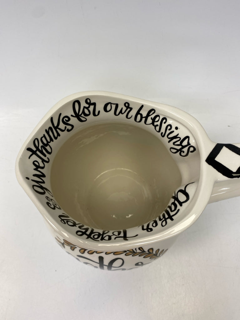 White Brown/Black Words Ceramic Pitcher