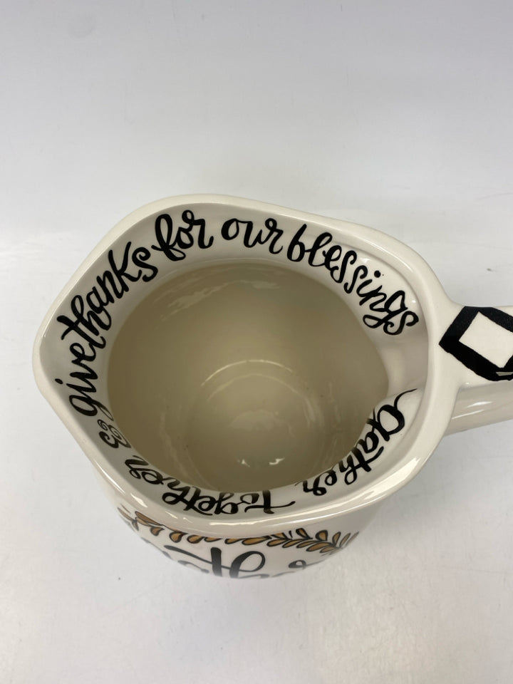 White Brown/Black Words Ceramic Pitcher