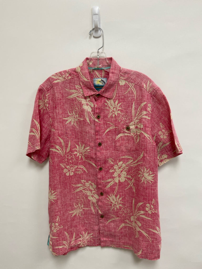 Tommy Bahama Size S Pink Beige Tropical Button Up Linen Men&