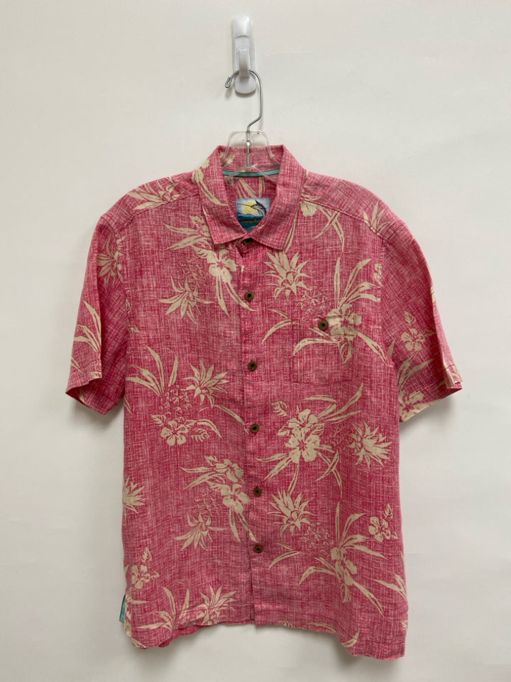 Tommy Bahama Size S Pink Beige Tropical Button Up Linen Men&