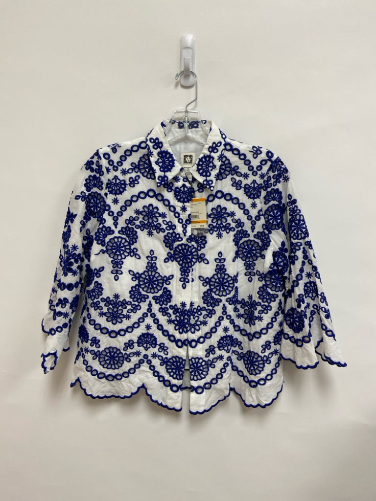 NWT Anne Klein Size SP White Blue Embroidered Button Up Petite Top