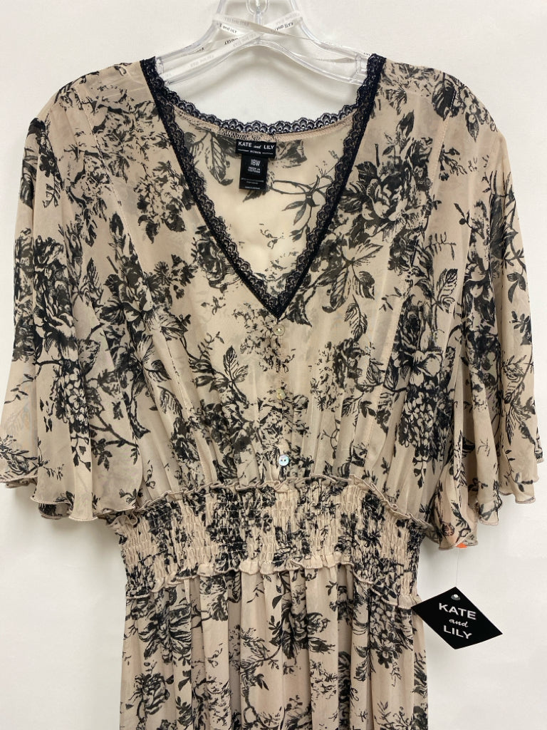 NWT  SIZE  18W Beige/Blk Flowers Maxi Sheer Plus Size Dress