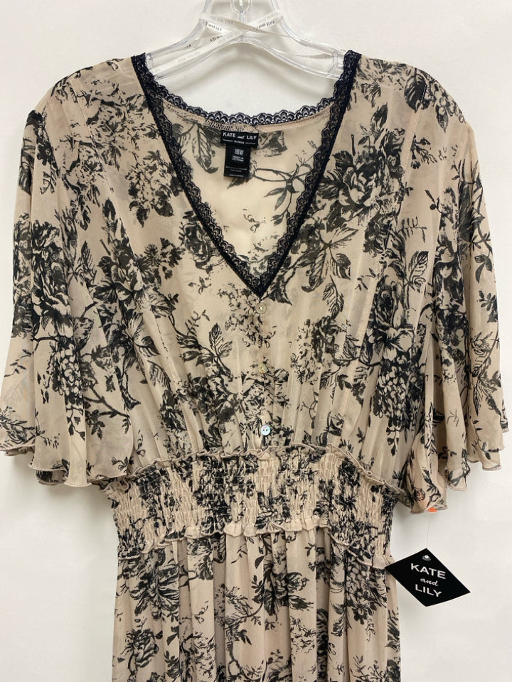 NWT  SIZE  18W Beige/Blk Flowers Maxi Sheer Plus Size Dress
