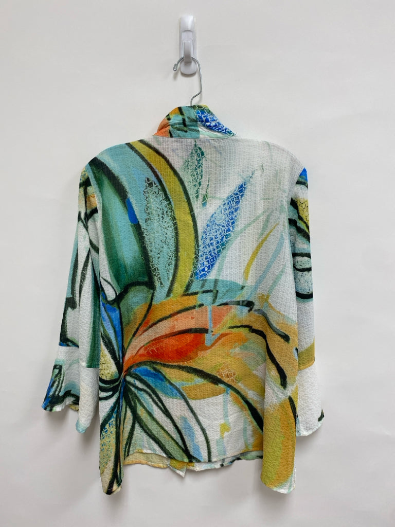 Ali Miles Size M White Multi Color Abstract Bell Sleeves Ladies Top