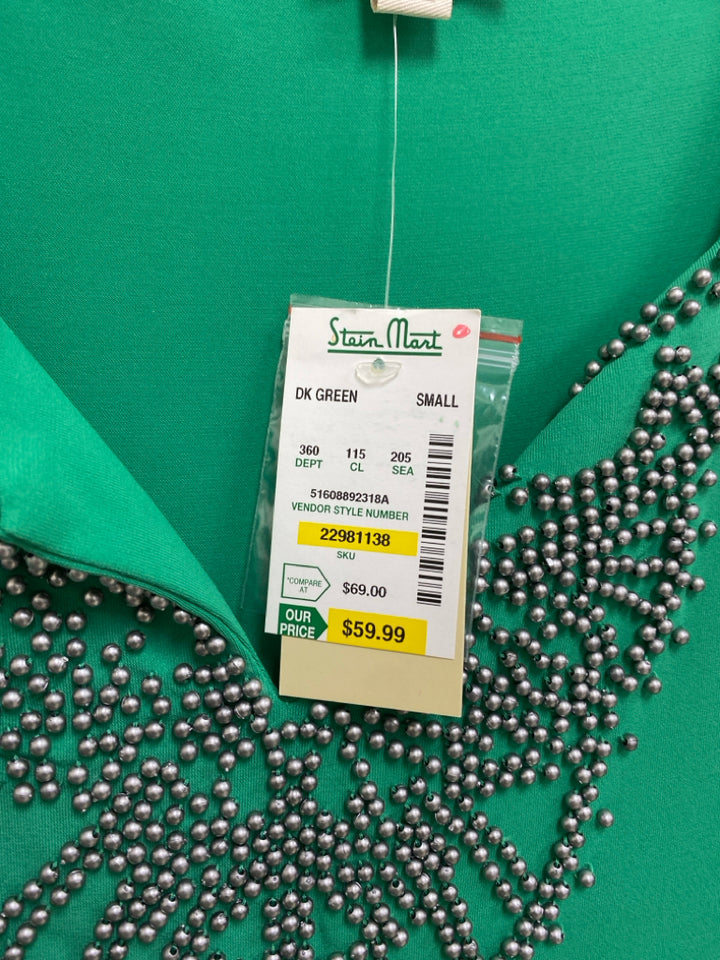 NWT Beige Size S Green Silver Beaded Ladies Dress