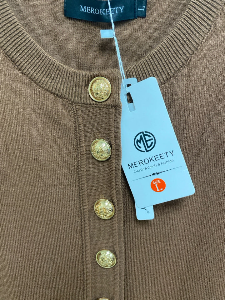 NWT MEROKEETY Size L Brown Buttons Short Sleeve Knit Ladies Dress