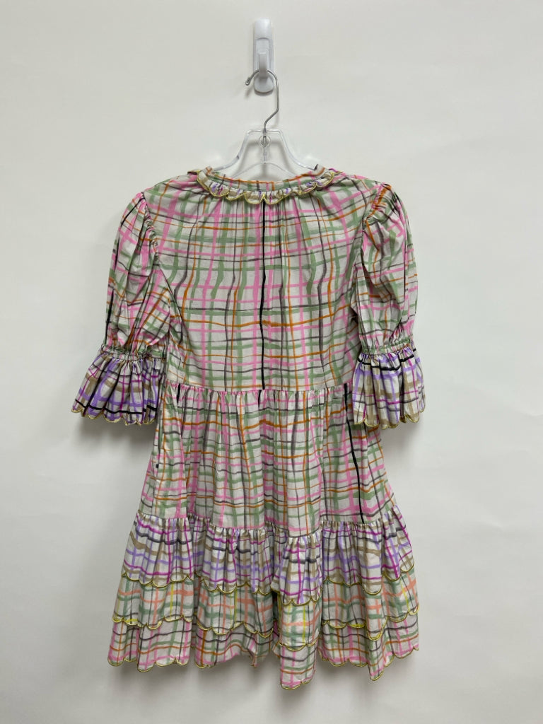 Size S White/Pink Green/Orange Plaid V Neck Ladies Dress