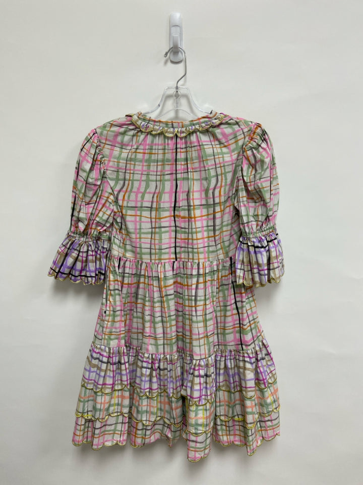 Size S White/Pink Green/Orange Plaid V Neck Ladies Dress