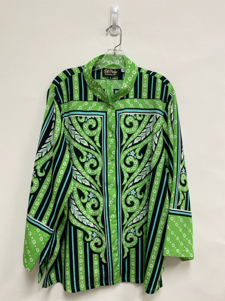 Bob Mackie  SIZE  2X Green Aqua/Black Assorted Print Button Up Plus Size Top