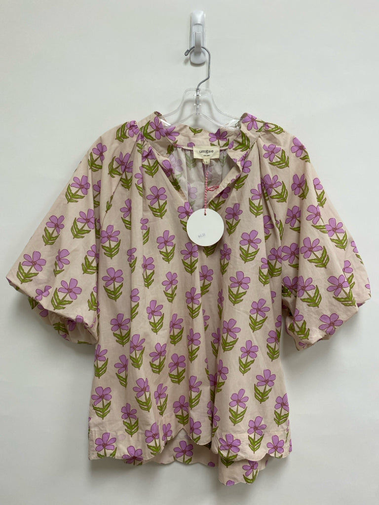 NWT Umgee Size L Peach Lavender/Green Flowers Puff Sleeve Ladies Top