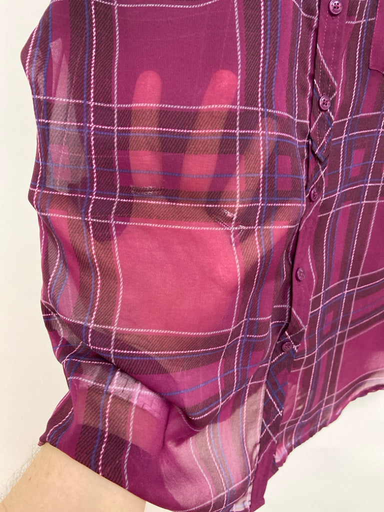 Guess Size M Purple Black/White Plaid Button Up Sheer Ladies Top