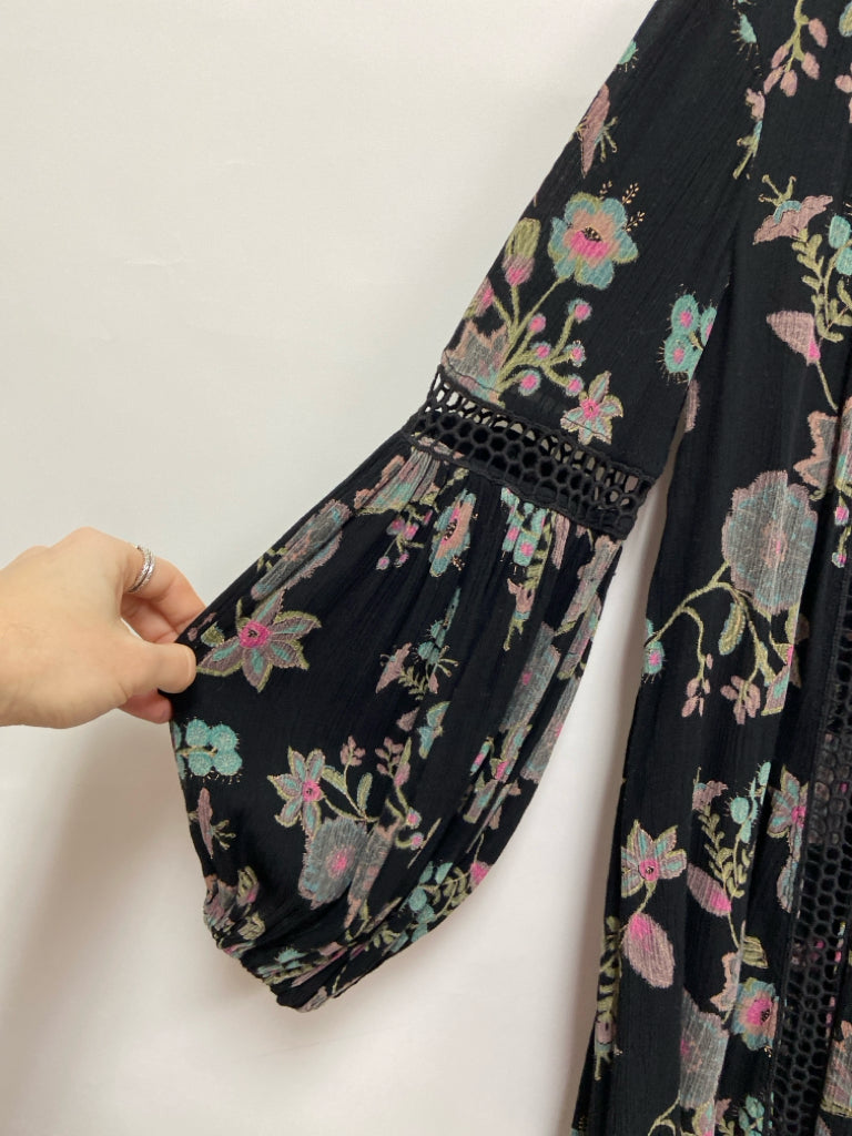 Free People Size XS Black Teal/Pink Floral Tunic Ladies Top