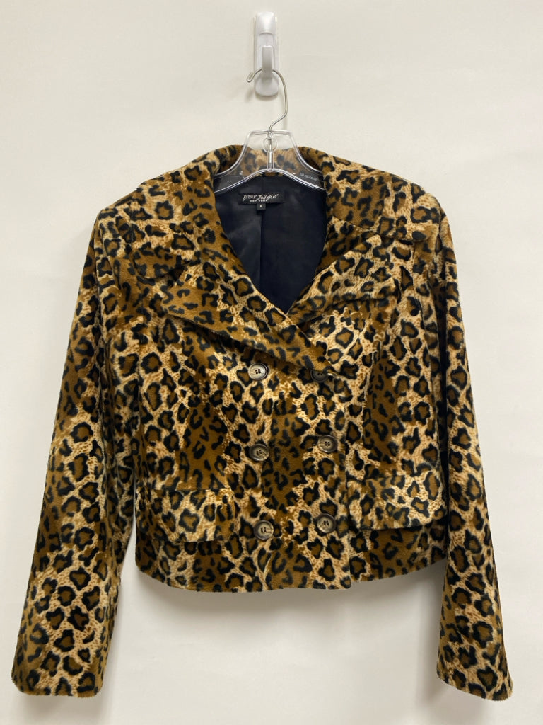 Betsey Johnson Size 6 Brown Cream/Black Animal Print Cropped Ladies Jacket