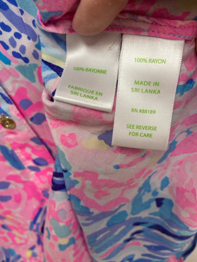 LILLY PULITZER Size XS Pink/Blue Navy/Aqua Abstract Button Up Ladies Dress