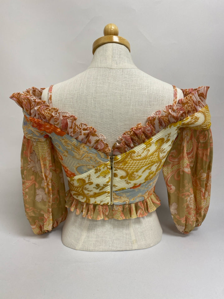 NWT ZIMMERMANN Size 6 Cream/Brown Pink/Multi Crinkle Cropped Ladies Top