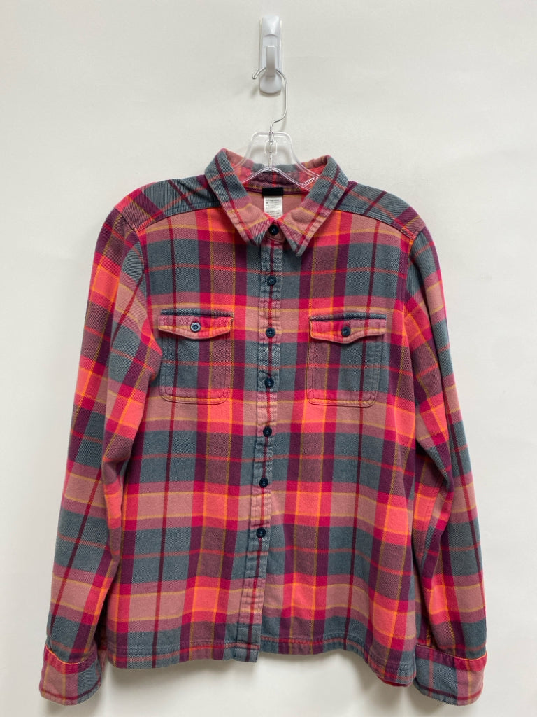Patagonia Size 12 Gray/Pink Yellow Plaid Flannel Ladies Top