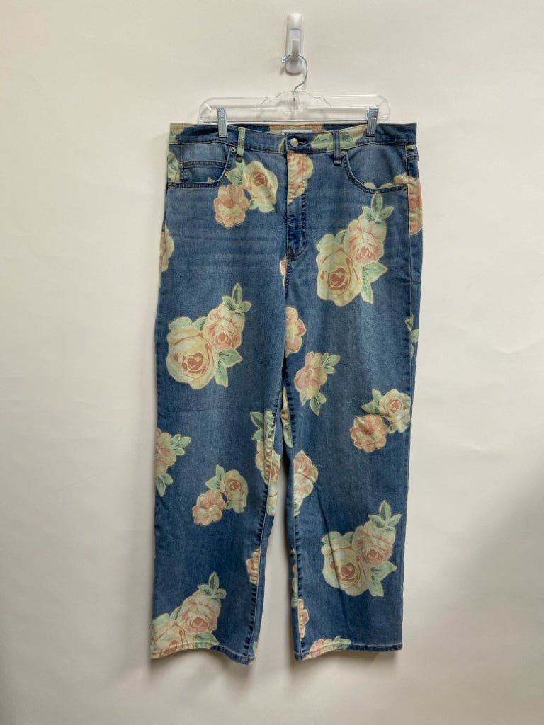 Jessica Simpson Size 14 Faded Denim Coral/Cream Flowers Wide Leg Ladies Jeans