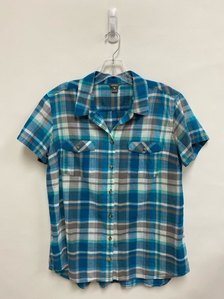 Eddie Bauer Size XL Blue Gray/White Plaid Button Up Ladies Top
