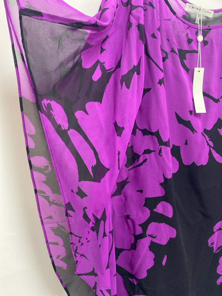 NWT Trina Turk Size 2 Purple Black Flowers Overlay Silk Ladies Dress